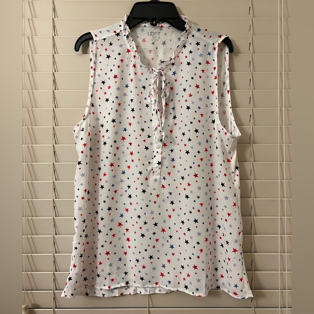 LOFT Sleeveless Blouse Women’s Petite Medium Star Print Ruffle Button Front Top